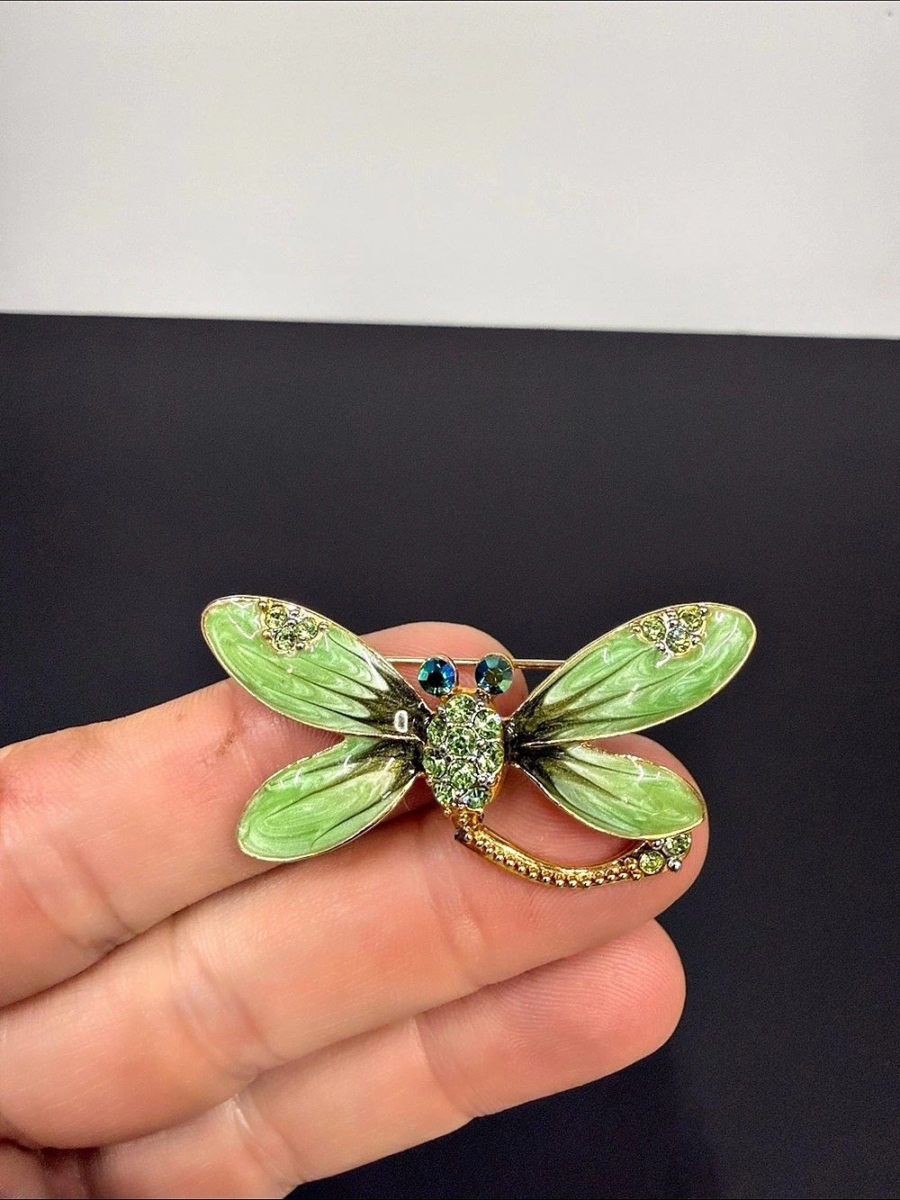 Green Enamel Dragonfly Brooch – Rhinestone Crystal Gold Tone Insect Pin